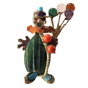 Vtg Swoboda Clown Semiprecious Stone Gold Tone  Balloon Pin Brooch